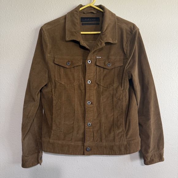 Zara Mens Trucker Corduroy Jacket Brown Button Front Casual Size Small Tan Camel - Picture 3 of 12